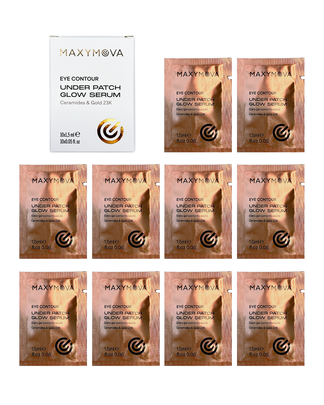 Set 10 -Under Patch Glow Serum in sachets 1,5 ml, eye contour care with 23K MAXYMOVA
