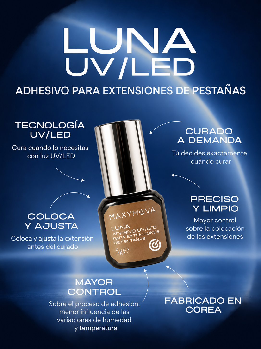 ADHESIVO MAXYMOVA LUNA UV/LED PARA EXTENSIONES DE PESTAÑAS – PEGAMENTO PROFESIONAL, 5 G