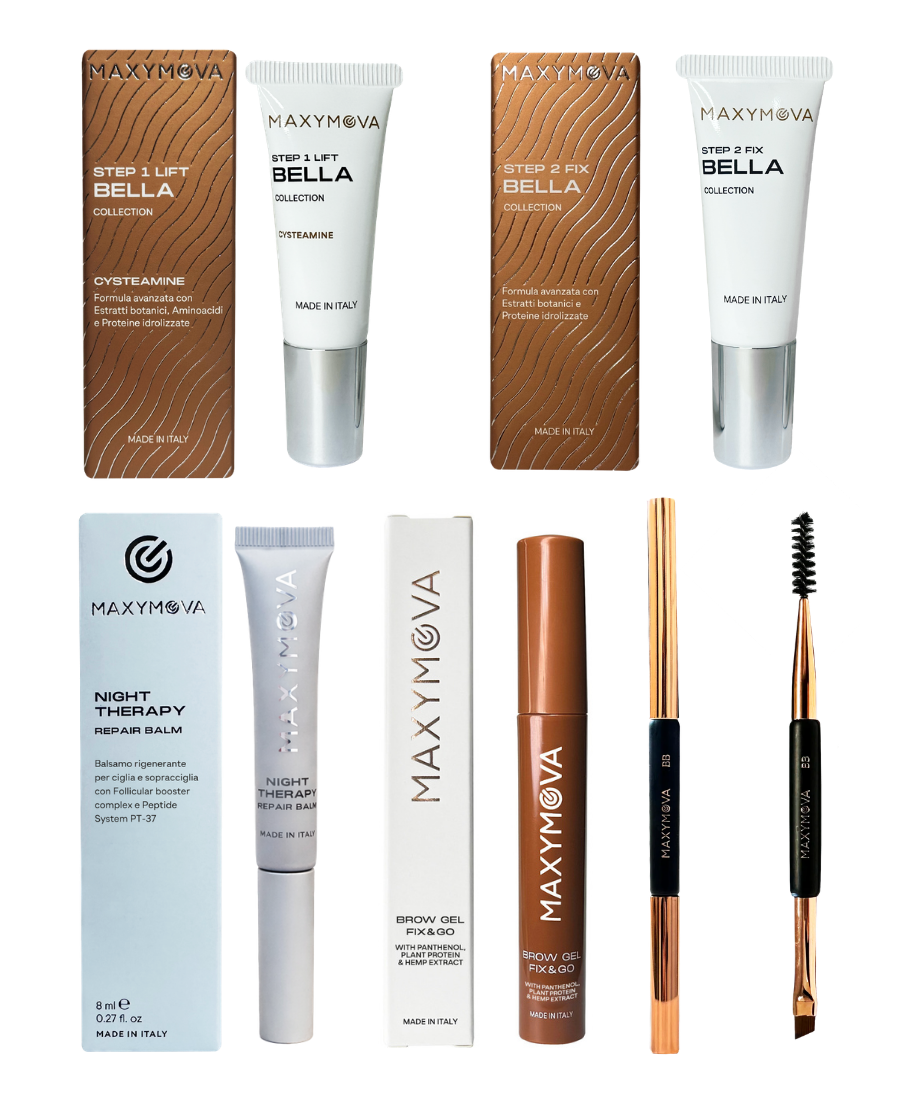 KIT DE LAMINACIÓN DE CEJAS CON CISTEAMINA PASO 1 Y PASO 2, BÁLSAMO REPARADOR Y GEL TRANSPARENTE PARA PEINADO DE CEJAS: SET COMPLETO DE LAMINACIÓN DE CEJAS PARA HASTA 25 TRATAMIENTOS