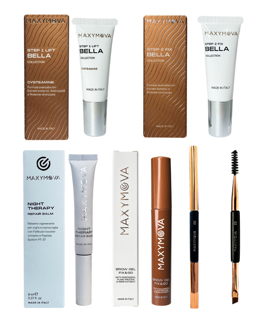 KIT DE LAMINACIÓN DE CEJAS CON CISTEAMINA PASO 1 Y PASO 2, BÁLSAMO REPARADOR Y GEL TRANSPARENTE PARA PEINADO DE CEJAS: SET COMPLETO DE LAMINACIÓN DE CEJAS PARA HASTA 25 TRATAMIENTOS